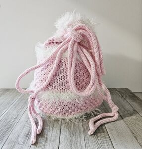 Handmade Knit Pink and White Textured Hobo Satchel Crossbody Beach Bag Purse wit